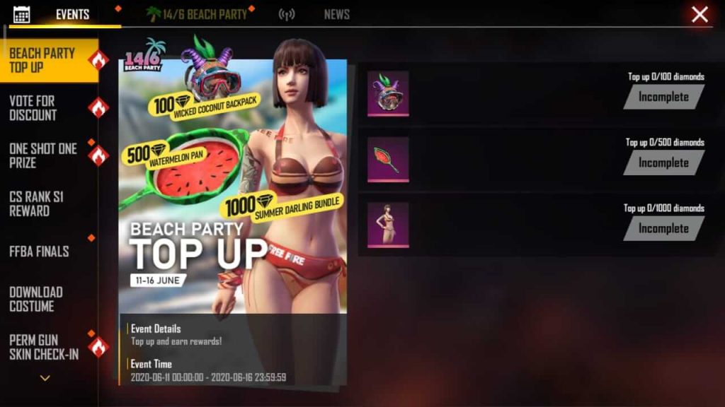 Free Fire Beach Party Top Up Event Details