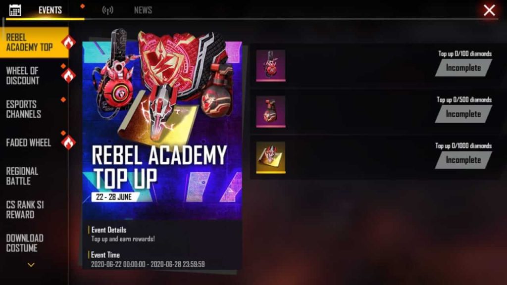 Free Fire Rebel Academy Top Up Event Details