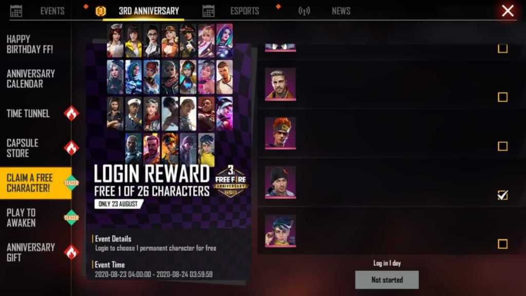 How To Get Free Character In Free Fire On 23 August 2020 - 3rd Anniversary Event Peak Day Reward