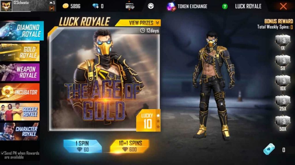 Free Fire Luck Royale Guide Gold Royale Weapon Royale Diamond Royale Incubator Character Royale Mobile Mode Gaming