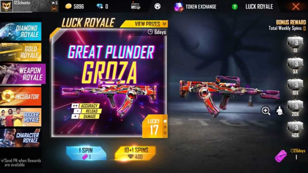 Free Fire Luck Royale Guide Gold Royale Weapon Royale Diamond Royale Incubator Character Royale Mobile Mode Gaming